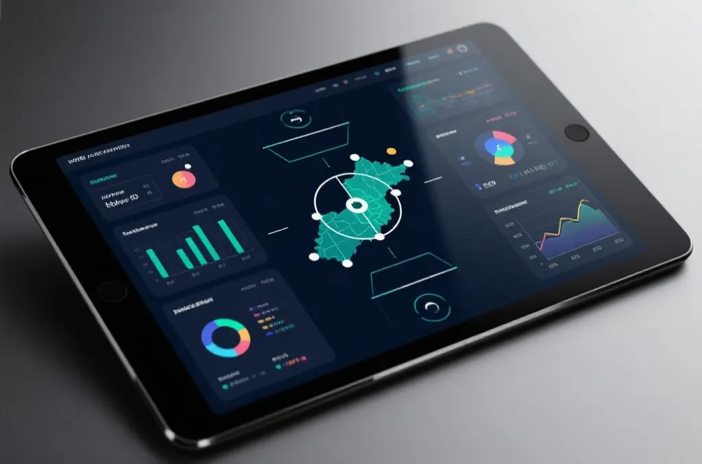 A sleek modern sports analytics dashboard on a tablet screen, showing abstract tactical soccer formations, heatmaps, and performance graphs, clean UI, no brand names