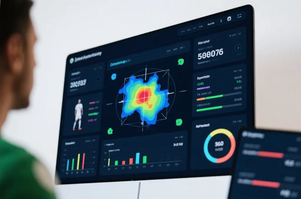 A modern digital sports analytics dashboard showing generic player heatmaps and tactical statistics on a screen, clean interface